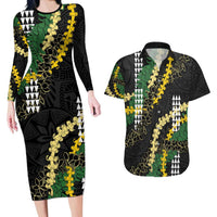 Hawaii Aloha Kakau Couples Matching Long Sleeve Bodycon Dress and Hawaiian Shirt Puakenikeni and Maile Lei Twist