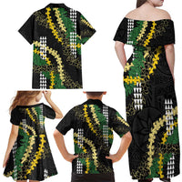 Hawaii Aloha Kakau Family Matching Off Shoulder Maxi Dress and Hawaiian Shirt Puakenikeni and Maile Lei Twist