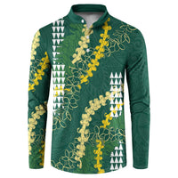 Hawaii Aloha Kakau Button Sweatshirt Green Puakenikeni and Maile Lei Twist