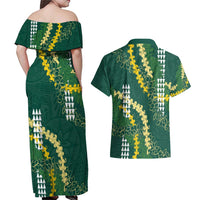 Hawaii Aloha Kakau Couples Matching Off Shoulder Maxi Dress and Hawaiian Shirt Green Puakenikeni and Maile Lei Twist