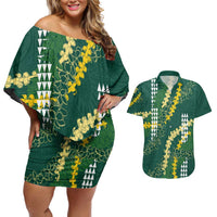 Hawaii Aloha Kakau Couples Matching Off Shoulder Short Dress and Hawaiian Shirt Green Puakenikeni and Maile Lei Twist
