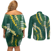 Hawaii Aloha Kakau Couples Matching Off Shoulder Short Dress and Long Sleeve Button Shirt Green Puakenikeni and Maile Lei Twist LT7 - Polynesian Pride