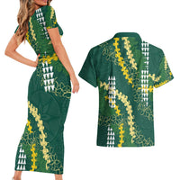 Hawaii Aloha Kakau Couples Matching Short Sleeve Bodycon Dress and Hawaiian Shirt Green Puakenikeni and Maile Lei Twist