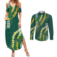 Hawaii Aloha Kakau Couples Matching Summer Maxi Dress and Long Sleeve Button Shirt Green Puakenikeni and Maile Lei Twist LT7 Green - Polynesian Pride