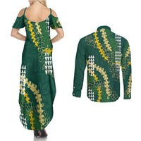 Hawaii Aloha Kakau Couples Matching Summer Maxi Dress and Long Sleeve Button Shirt Green Puakenikeni and Maile Lei Twist LT7 - Polynesian Pride
