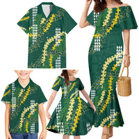 Hawaii Aloha Kakau Family Matching Mermaid Dress and Hawaiian Shirt Green Puakenikeni and Maile Lei Twist