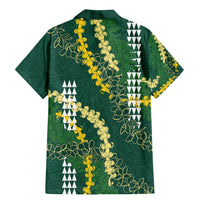 Hawaii Aloha Kakau Family Matching Mermaid Dress and Hawaiian Shirt Green Puakenikeni and Maile Lei Twist