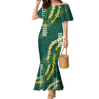 Hawaii Aloha Kakau Family Matching Mermaid Dress and Hawaiian Shirt Green Puakenikeni and Maile Lei Twist