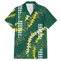 Hawaii Aloha Kakau Family Matching Off The Shoulder Long Sleeve Dress and Hawaiian Shirt Green Puakenikeni and Maile Lei Twist