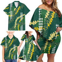 Hawaii Aloha Kakau Family Matching Off Shoulder Short Dress and Hawaiian Shirt Green Puakenikeni and Maile Lei Twist