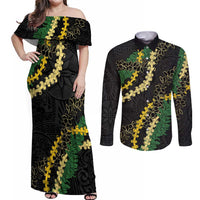 Hawaii Puakenikeni - Maile Lei Couples Matching Off Shoulder Maxi Dress and Long Sleeve Button Shirt Obsidian Black LT7 Black - Polynesian Pride