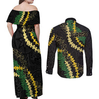 Hawaii Puakenikeni - Maile Lei Couples Matching Off Shoulder Maxi Dress and Long Sleeve Button Shirt Obsidian Black LT7 - Polynesian Pride