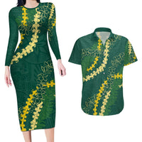 Hawaii Puakenikeni - Maile Lei Couples Matching Long Sleeve Bodycon Dress and Hawaiian Shirt Sage Green