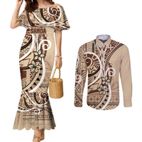Samoa Siapo Classic Motif Couples Matching Mermaid Dress and Long Sleeve Button Shirt Manuia le tutoatasi o Samoa Independence LT7 Beige - Polynesian Pride