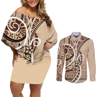 Samoa Siapo Classic Motif Couples Matching Off Shoulder Short Dress and Long Sleeve Button Shirt Manuia le tutoatasi o Samoa Independence LT7 Beige - Polynesian Pride
