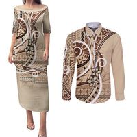 Samoa Siapo Classic Motif Couples Matching Puletasi and Long Sleeve Button Shirt Manuia le tutoatasi o Samoa Independence LT7 Beige - Polynesian Pride