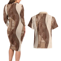 Polynesian Tribal Pattern Patchwork Picturesque Couples Matching Long Sleeve Bodycon Dress and Hawaiian Shirt Mocha