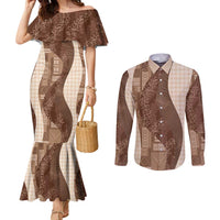Polynesian Tribal Pattern Patchwork Picturesque Couples Matching Mermaid Dress and Long Sleeve Button Shirt Mocha LT7 Mocha - Polynesian Pride