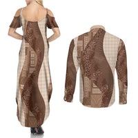 Polynesian Tribal Pattern Patchwork Picturesque Couples Matching Summer Maxi Dress and Long Sleeve Button Shirt Mocha LT7 - Polynesian Pride