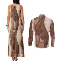 Polynesian Tribal Pattern Patchwork Picturesque Couples Matching Tank Maxi Dress and Long Sleeve Button Shirt Mocha LT7 - Polynesian Pride