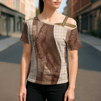 Polynesian Tribal Pattern Patchwork Picturesque Cross Shoulder Shirt Mocha