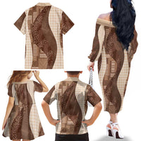 Polynesian Tribal Pattern Patchwork Picturesque Family Matching Off The Shoulder Long Sleeve Dress and Hawaiian Shirt Mocha