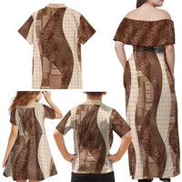 Polynesian Tribal Pattern Patchwork Picturesque Family Matching Off Shoulder Maxi Dress and Hawaiian Shirt Mocha