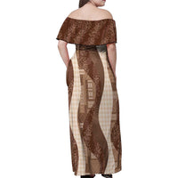 Polynesian Tribal Pattern Patchwork Picturesque Family Matching Off Shoulder Maxi Dress and Hawaiian Shirt Mocha