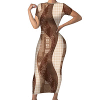 Polynesian Tribal Pattern Patchwork Picturesque Family Matching Short Sleeve Bodycon Dress and Hawaiian Shirt Mocha