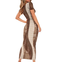 Polynesian Tribal Pattern Patchwork Picturesque Family Matching Short Sleeve Bodycon Dress and Hawaiian Shirt Mocha