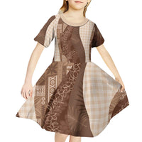 Polynesian Tribal Pattern Patchwork Picturesque Kid Short Sleeve Dress Mocha
