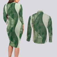 Polynesian Tribal Pattern Patchwork Picturesque Couples Matching Long Sleeve Bodycon Dress and Long Sleeve Button Shirt Sage Green