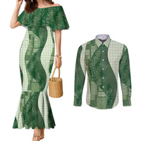 Polynesian Tribal Pattern Patchwork Picturesque Couples Matching Mermaid Dress and Long Sleeve Button Shirt Sage Green