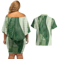 Polynesian Tribal Pattern Patchwork Picturesque Couples Matching Off Shoulder Short Dress and Hawaiian Shirt Sage Green