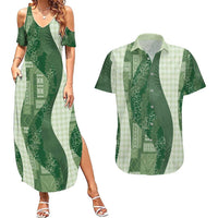 Polynesian Tribal Pattern Patchwork Picturesque Couples Matching Summer Maxi Dress and Hawaiian Shirt Sage Green
