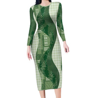 Polynesian Tribal Pattern Patchwork Picturesque Family Matching Long Sleeve Bodycon Dress and Hawaiian Shirt Sage Green