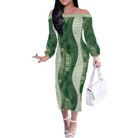 Polynesian Tribal Pattern Patchwork Picturesque Family Matching Off The Shoulder Long Sleeve Dress and Hawaiian Shirt Sage Green