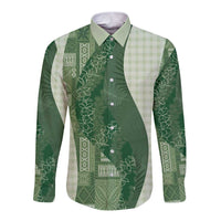 Polynesian Tribal Pattern Patchwork Picturesque Long Sleeve Button Shirt Sage Green