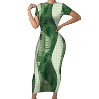 Polynesian Tribal Pattern Patchwork Picturesque Short Sleeve Bodycon Dress Sage Green