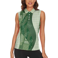 Polynesian Tribal Pattern Patchwork Picturesque Women Sleeveless Polo Shirt Sage Green