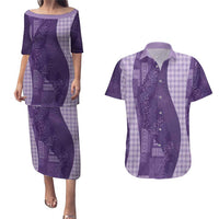 Polynesian Tribal Pattern Patchwork Picturesque Couples Matching Puletasi and Hawaiian Shirt Deep Violet