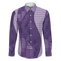 Polynesian Tribal Pattern Patchwork Picturesque Family Matching Off The Shoulder Long Sleeve Dress and Hawaiian Shirt Deep Violet LT7 Dad's Shirt - Long Sleeve Violet - Polynesian Pride