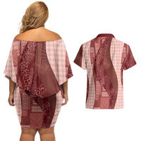 Polynesian Tribal Pattern Patchwork Picturesque Couples Matching Off Shoulder Short Dress and Hawaiian Shirt Crimson