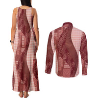 Polynesian Tribal Pattern Patchwork Picturesque Couples Matching Tank Maxi Dress and Long Sleeve Button Shirt Crimson