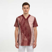 Polynesian Tribal Pattern Patchwork Picturesque Scrub Top Crimson