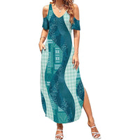 Polynesian Tribal Pattern Patchwork Picturesque Family Matching Summer Maxi Dress and Hawaiian Shirt Oceanic LT7 Mom's Dress Blue - Polynesian Pride