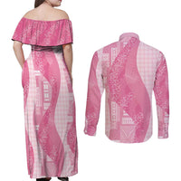 Polynesian Tribal Pattern Patchwork Picturesque Couples Matching Off Shoulder Maxi Dress and Long Sleeve Button Shirt Rose Pink
