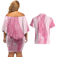 Polynesian Tribal Pattern Patchwork Picturesque Couples Matching Off Shoulder Short Dress and Hawaiian Shirt Rose Pink LT7 - Polynesian Pride
