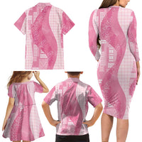 Polynesian Tribal Pattern Patchwork Picturesque Family Matching Long Sleeve Bodycon Dress and Hawaiian Shirt Rose Pink