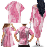 Polynesian Tribal Pattern Patchwork Picturesque Family Matching Off The Shoulder Long Sleeve Dress and Hawaiian Shirt Rose Pink